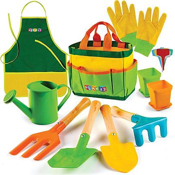 Kids Gardening Tool Set 12PCS with Shovel, Rake, Fork, Trowel, Apron, Gloves Watering Can & Tote Bag Play22