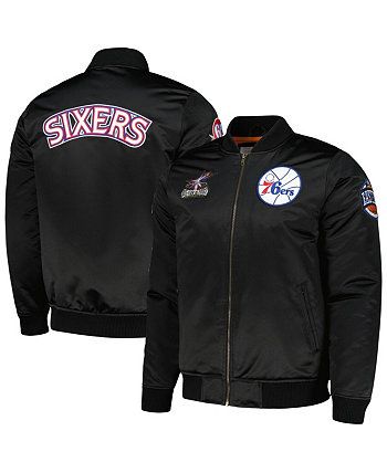 Мужская черная атласная куртка с молнией во всю длину из твердой древесины в стиле ретро Philadelphia 76ers Mitchell & Ness