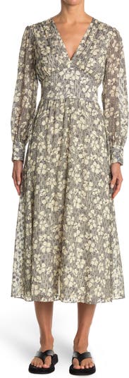 Платье миди из смесовой шелковой смеси с цветочным принтом и длинными рукавами с V-образным вырезом Jason Wu