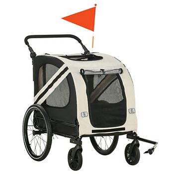 2-in-1 Dog Bike Trailer Pet Stroller With Universal Wheel Reflector Flag White Aosom