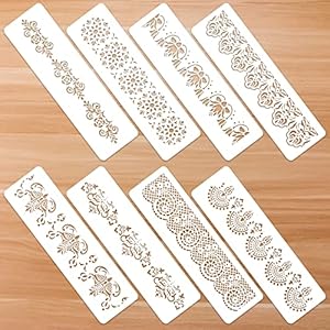 Prasacco 8 Pieces Flower Border Stencils Ornate Mandala Stencils Reusable DIY Craft Stencils Floral Edge Templates for Painting on Wood Canvas Paper Fabric Cake Wall Prasacco