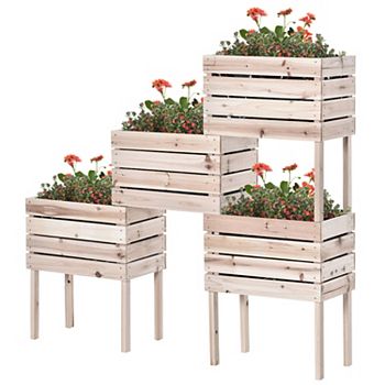 Raised Garden Beds, Set Of 4 Wood Box Planters, Draining, Flowers, Herbs Outsunny