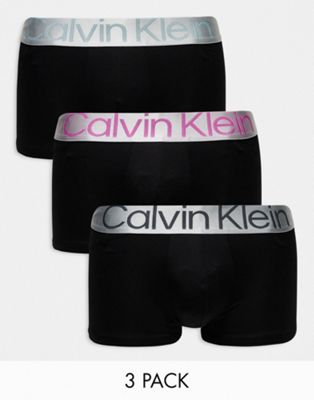 Calvin Klein steel cotton trunks 3 pack in black with colored waistband Calvin Klein