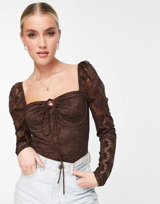 Love Triangle long sleeve lace bodysuit in brown Love Triangle