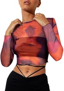 Remidoo Women's Mesh Tops Long Sleeve Crop Top Crewneck Tie Dye Cropped T Shirt Remidoo