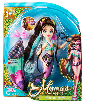 Spring Break Raynea Mermaid Doll and Accessories with Removable Tail and Color Change Hair Streak Set, 10 Piece Kids Toys for Girls Ages 4 and Up Mermaid High