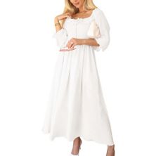 Women's Long Sleeve Swiss Dot Lined Maxi Dress For Women Smocked Tied Detail Square Neck Anna-Kaci