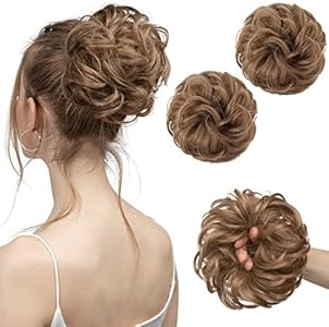 SARLA 2PCS Messy Hair Bun Hair Pieces Wavy Curly Synthetic Updo Fake Scrunchies Ponytail Extension for Women Dirty Blonde SARLA