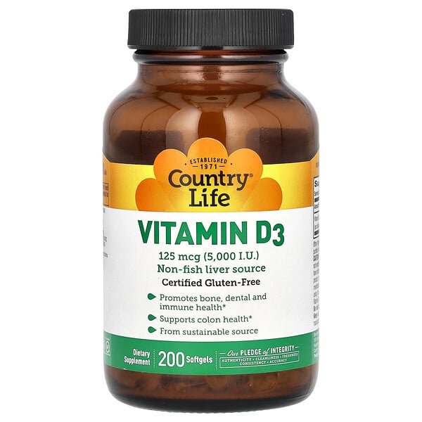 Витамин D3 - 125 мкг (5000 МЕ) - 200 мягких капсул - Country Life Country Life