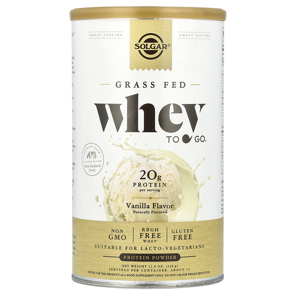 Протеиновый порошок Whey To Go® Grass Fed, ваниль, 338 г, 20 г белка на порцию Solgar