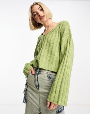 Зеленый вязаный свитер в рубчик с напуском и v-образным вырезом Noisy May Noisy May