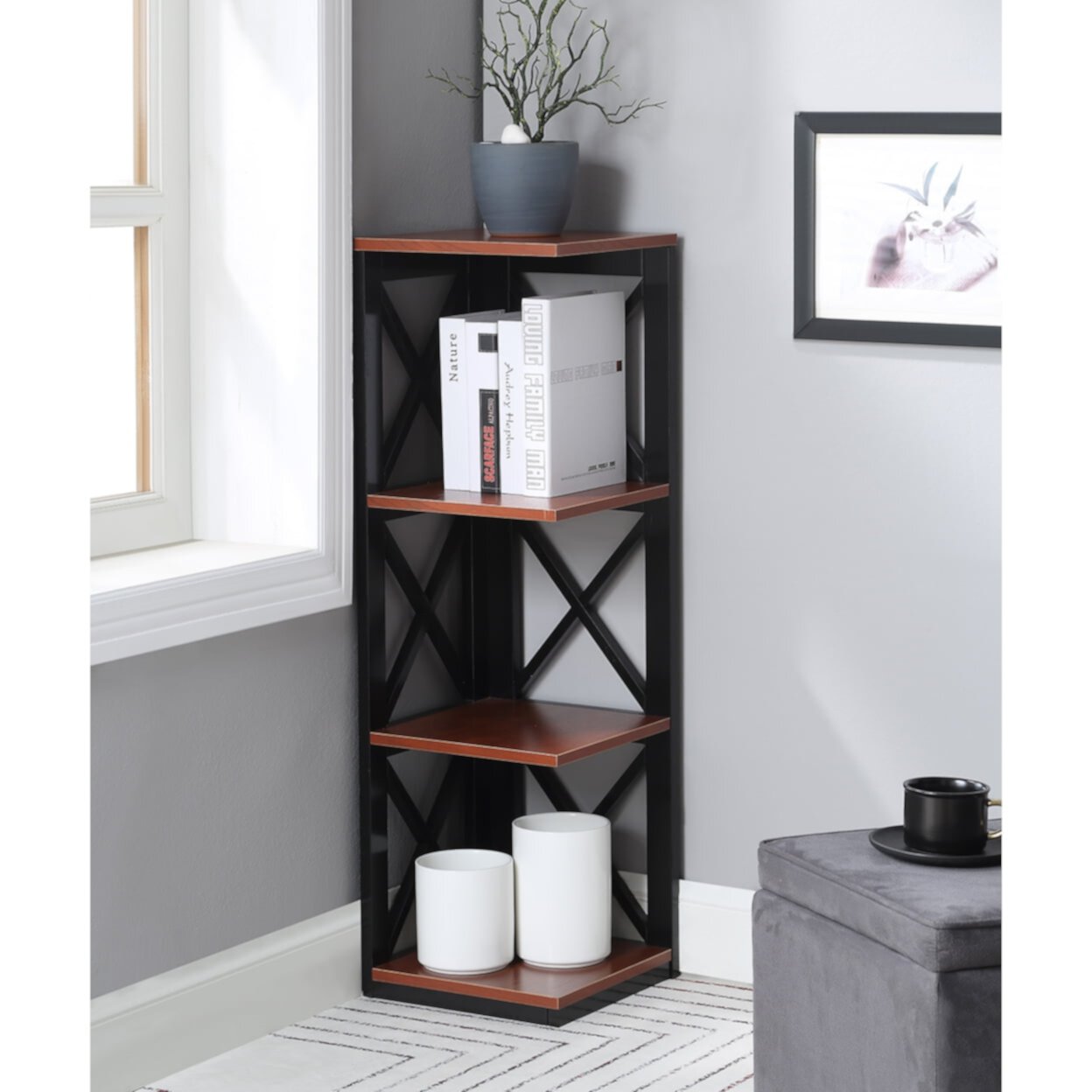 Convenience Concepts Oxford 3 Shelf Corner Bookcase in Black Wood Finish Convenience Concepts