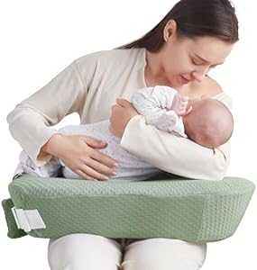 QSTEHEML Nursing Pillow - Deluxe Original for Breastfeeding and Bottle Feeding, Ergonomic Support for Mom and Baby, Adjustable Waist Strap, Removable Cover, Memory Foam, Green QSTEHEML