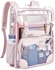 mommore Clear Backpack Heavy Duty Thick PVC Transparent Backpack with Leather Trim Large Capacity See Through Backpack Mommore