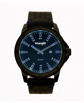 Мужские часы 48MM IP, черный корпус, черный циферблат, синие маркеры, песочный атласный циферблат, аналоговый, функция даты, синяя секундная стрелка, черный ремешок с синей декоративной строчкой Wrangler