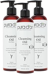 PURA D'OR Facial Cleansing Oil (8 Oz x3 = 24 Oz) Nourishing Botanical Blend with & Vitamin, Jojoba and Sunflower Oil - Gentle Makeup Remover & Deep Cleanser For Healthy, Glowing Skin - Paraben-Free Pura D'Or