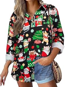 Christmas Shirts Women Funny Snowman Graphic Long Sleeve T-Shirts Cute Santa Printed V-Neck Button Up Tees Tops Myhalf