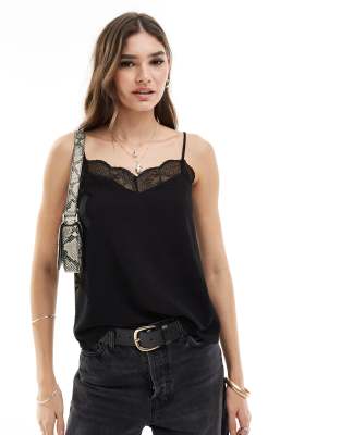 Pieces cami top with lace trim detail in black Pieces