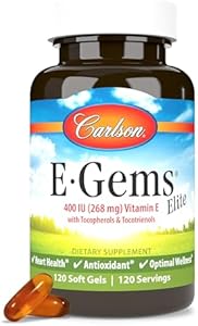 Carlson - E-Gems Elite, 400 IU (268 mg) Vitamin E with Tocopherols & Tocotrienols, Natural-Source, Vitamin E Capsules, Heart Health & Optimal Wellness, Antioxidant, Vitamin E Supplement, 120 Softgels Carlson