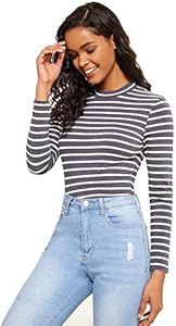 Floerns Women's Mock Turtleneck Long Sleeve Slim Fit Stretch Striped T-Shirts Tunic Tops Fall Fashion Trendy Outfits Clothes Floerns