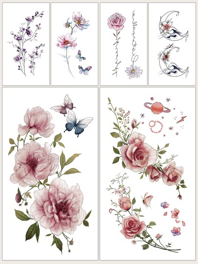 6 листов Тату-наклейка с цветочным узором SHEIN