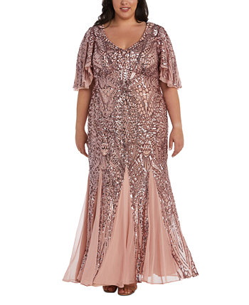Plus Size Sequin Flutter-Sleeve Godet Gown Nightway
