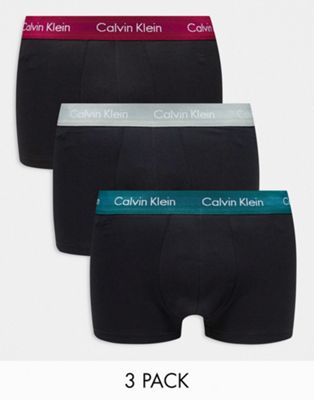 Calvin Klein low rise cotton stretch trunks 3 pack in black with colored waistband Calvin Klein