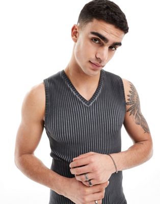 ASOS DESIGN muscle fit tank top in ribbed charcoal oil wash ASOS DESIGN