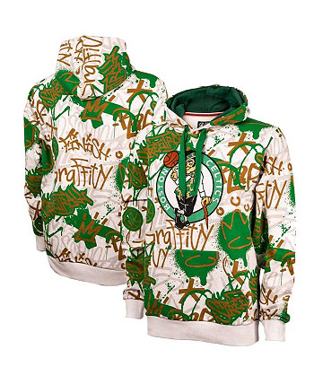 Мужской кремовый пуловер с капюшоном Boston Celtics с граффити по всей поверхности и принтом FISLL