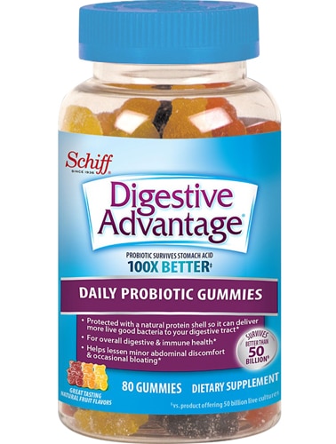 Schiff Digestive Advantage Gummies Ежедневный пробиотик для здоровья кишечника Натуральные фрукты -- 80 жевательных конфет Schiff