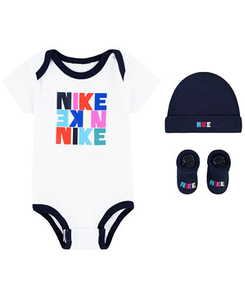 Боди с нейтральным логотипом для маленьких мальчиков, подарочная коробка из 3 предметов, шапка и пинетки Nike
