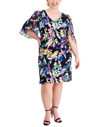 Plus Size Printed V-Neck Cape-Sleeve Dress Connected