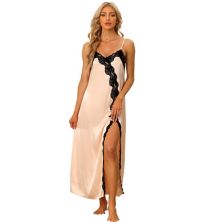Womens Satin Nightgown Lace Cami Dress Maxi Long Gown Pajama Nightwear Cheibear