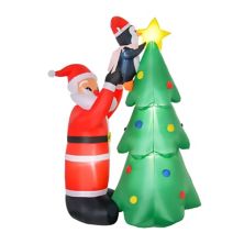 HOMCOM 6 ft Christmas Inflatable Santa and Penguin Decorating a Christmas Tree Outdoor Blow Up Yard Decoration with LED Lights Display HomCom