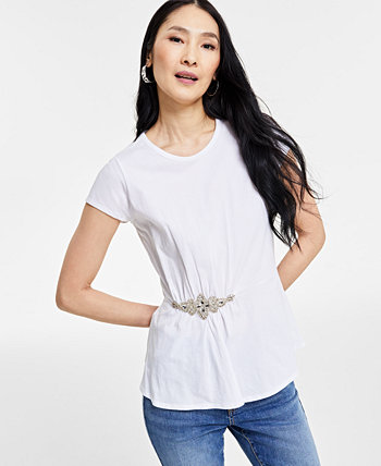 Женская хлопковая футболка с украшением на талии, созданная для Macy's I.N.C. International Concepts
