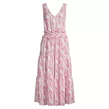 Многоярусное льняное платье миди Resort с цветочным принтом 120% Lino