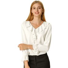 Женские крестьянские блузки с рюшами и V-образным вырезом Элегантная шифоновая блузка Топ ALLEGRA K
