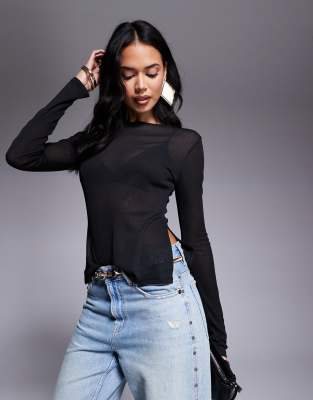 ASOS DESIGN longline long sleeve mesh top with side splits in black ASOS DESIGN