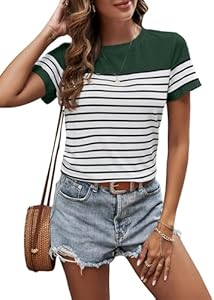 SweatyRocks Women's Short Sleeve T Shirt Striped Print Round Neck Casual Soft Knit Tee Top SweatyRocks