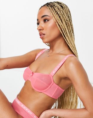 We Are We Wear poly blend non padded balconette bra with logo detail in pink - PINK We Are We Wear