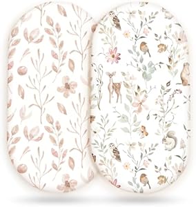 Stretchy Ultra Soft Fitted Bassinet Sheet Set 2 Pack, Universal Fit for Bassinets Baby Cradle Moses Basket Oval Rectangle Mattress Safe and Snug, Beautiful Blush Pink Floral and Cute Animals Print Grssder