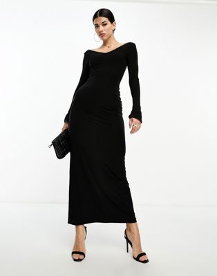 Черное платье макси с открытыми плечами и V-образным вырезом Fashionkilla Fashionkilla