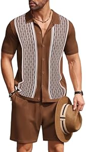 COOFANDY Men's 2 Piece Outfit Vintage Short Sleeve Button Down Knit Polo Shirts Casual Beach Shorts Sets Coofandy