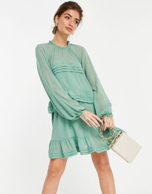 Зеленое многоярусное платье мини с рукавами-фонариками Ever New Forever New