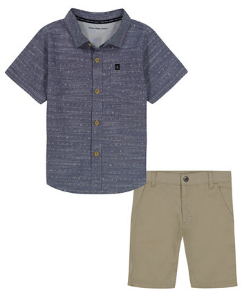 Рубашка на пуговицах с короткими рукавами и саржевые шорты с логотипом Little Boys, комплект из 2 предметов Calvin Klein