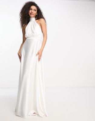 Платье макси для выпускного вечера True Violet Bridal цвета слоновой кости с высоким воротником и карманами True Violet