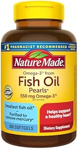 Nature Made Omega 3 Fish Oil Pearls 550 mg per serving, Small Size Fish Oil Supplements as Ethyl Esters, Omega 3 Supplement for Healthy Heart Support, 300 Softgels (Мягкие капсулы), 100 Day Supply Nature Made