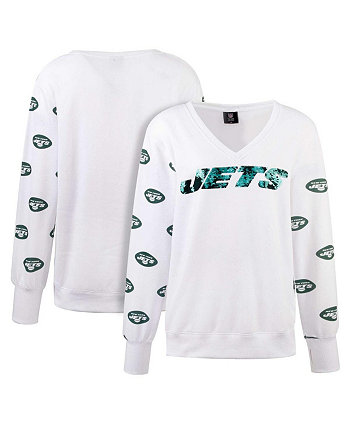 Женская белая флисовая футболка с v-образным вырезом и пайетками New York Jets Cuce