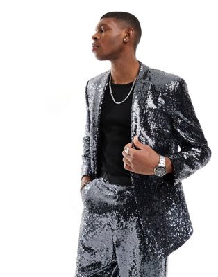 ASOS DESIGN relaxed sequin suit jacket in silver ASOS DESIGN