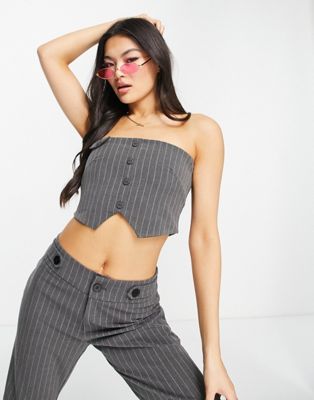 The Kript bandeau 90s crop top with button detail in gray pinstripe - part of a set The Kript